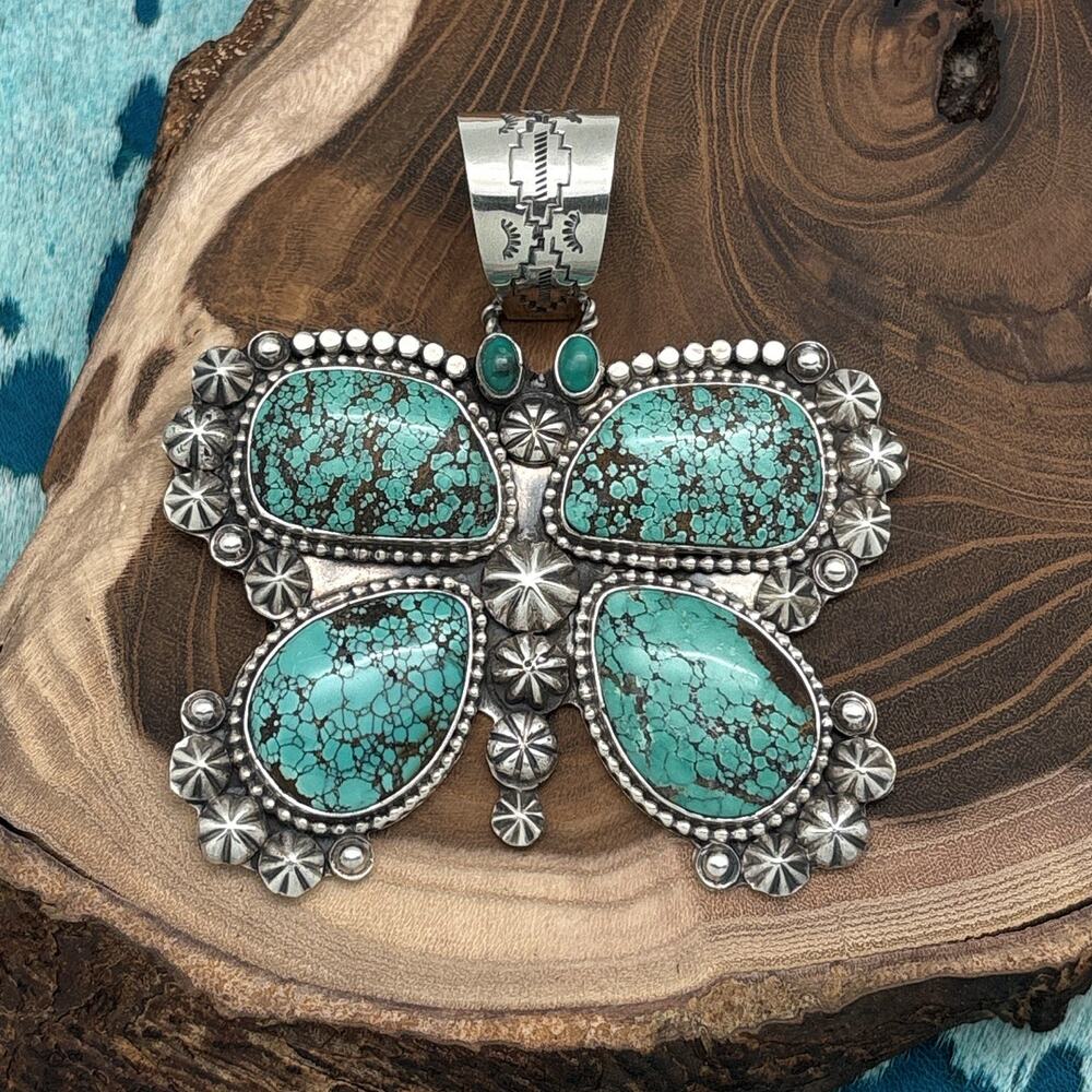 ROSELLA PAXTON Apache Sterling & Green Brown Hubei Turquoise Butterfly Pendant